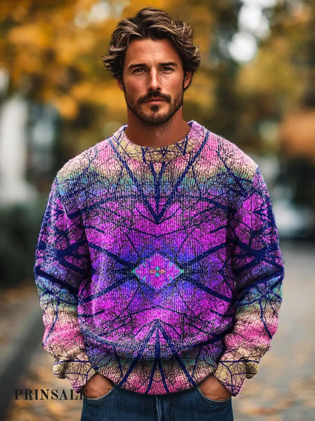 Men’s Fashion Abstract Art Tree Texture Printed Crewneck Sweater Flower Color / S