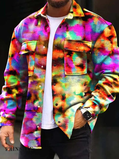 Men’s Fashion Abstract Color Art Texture Printed Cardigan Coat Flower / S