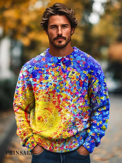 Men’s Fashion Abstract Color Art Texture Printed Crewneck Sweater Flower / S