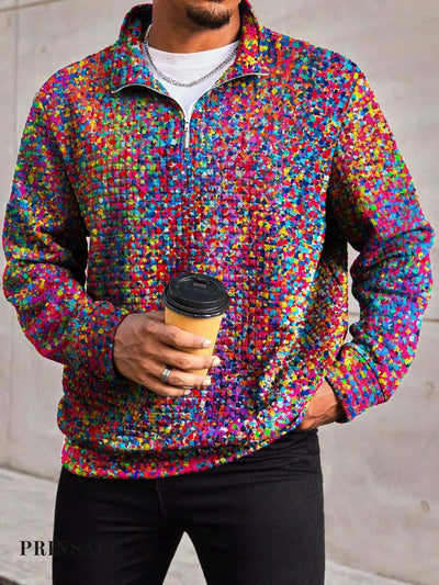 Men’s Fashion Abstract Color Dot Print Waffle Lattice Zipper Front Collar Hoodie Flower / S