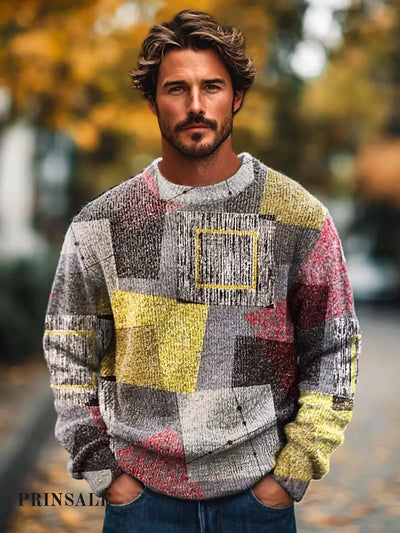 Men’s Fashion Abstract Color Geometric Art Print Long Sleeved Crew Neck Sweater Flower Color / S