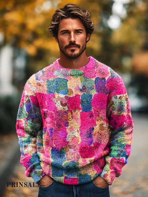 Men’s Fashion Abstract Color Geometric Patchwork Printed Crewneck Sweater Flower / S