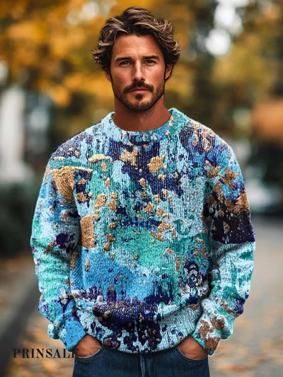 Men’s Fashion Abstract Color Irregular Texture Printed Crewneck Sweater Flower / S