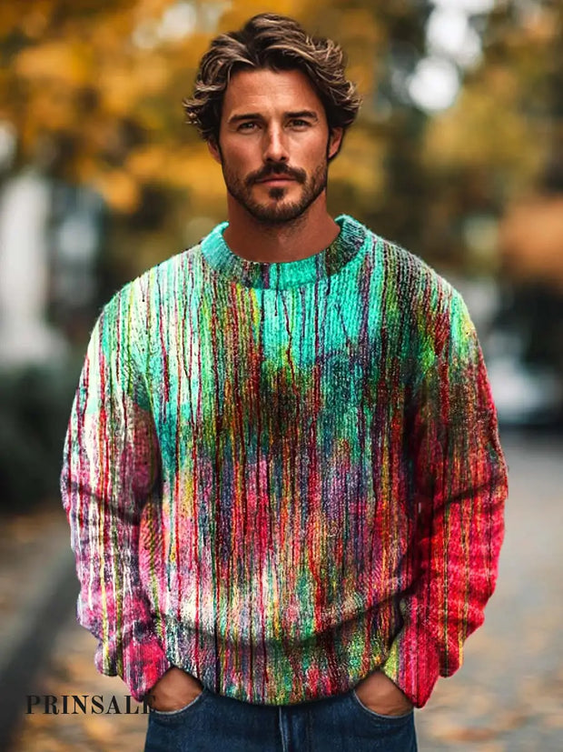 Men’s Fashion Abstract Color Stripe Art Print Crew Neck Sweater Flower Color / S