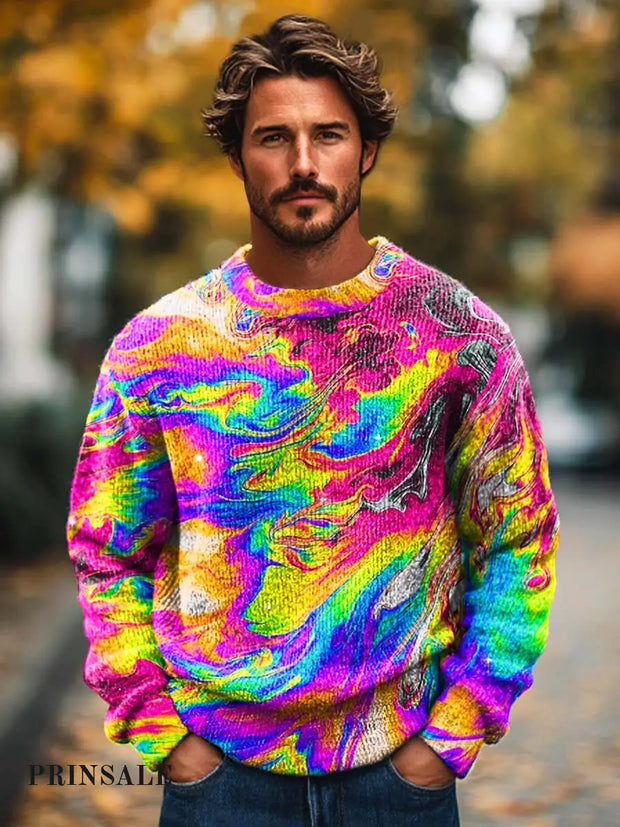 Men’s Fashion Abstract Color Texture Art Crew Neck Sweater Flower Color / S