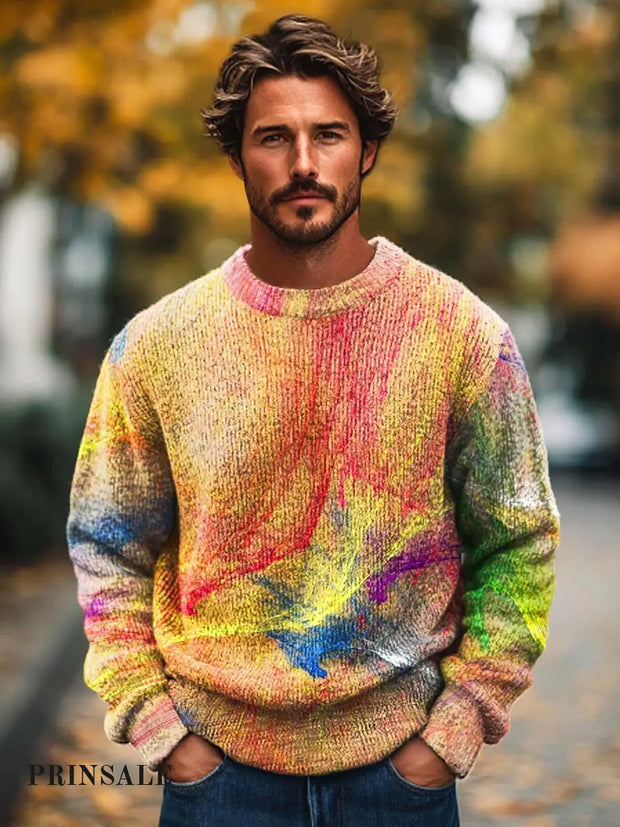 Men’s Fashion Abstract Color Texture Art Print Crew Neck Sweater Flower Color / S