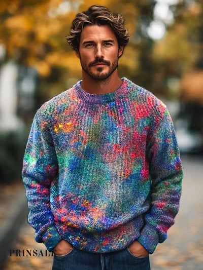 Men’s Fashion Abstract Color Texture Art Print Crew Neck Sweater Flower Color / S