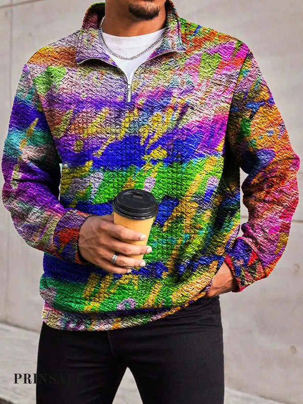 Men’s Fashion Abstract Color Texture Printed Waffle Lattice Zipper Front Collar Hoodie Flower / S