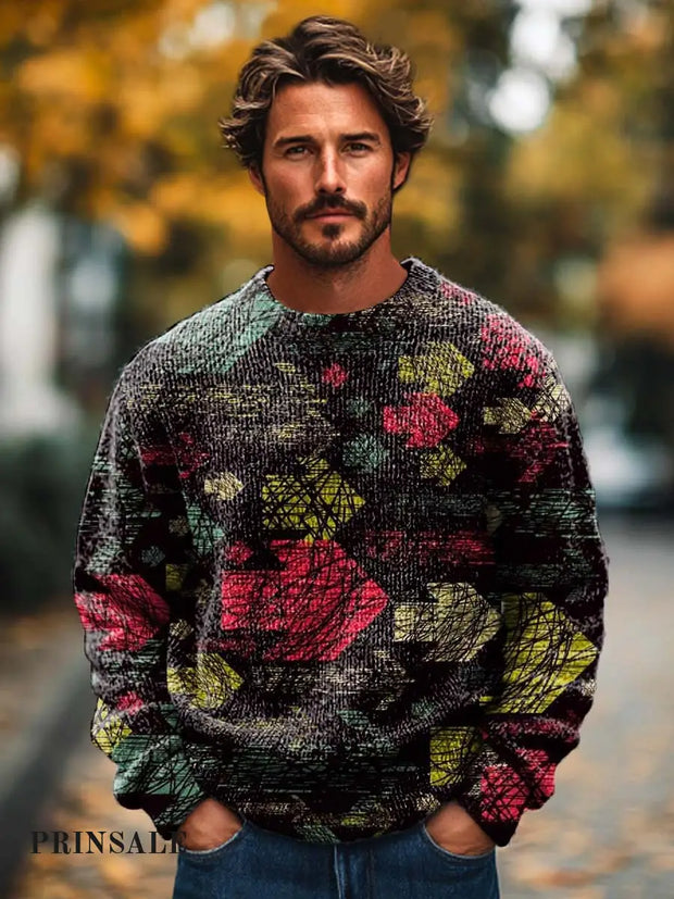 Men’s Fashion Abstract Colored Arrow Print Crew Neck Sweater Flower Color / S