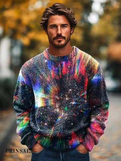 Men’s Fashion Abstract Colorful Art Print Crewneck Sweater Flower Color / S