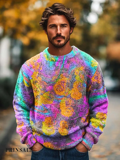 Men’s Fashion Abstract Colorful Floral Print Knit Crew Neck Sweater Flower Color / S