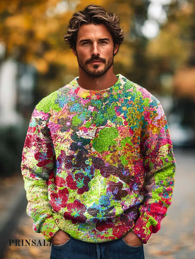 Men’s Fashion Abstract Colorful Floral Print Long Sleeve Knitted Crew Neck Sweater Flower Color / S