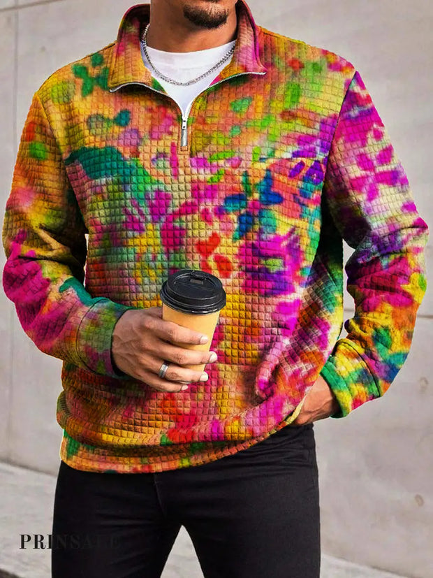 Men’s Fashion Abstract Colorful Floral Print Waffle Lattice Zipper Front Collar Hoodie Flower