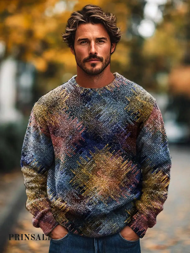 Men’s Fashion Abstract Colorful Puzzle Art Print Long Sleeved Crew Neck Sweater Flower Color / S