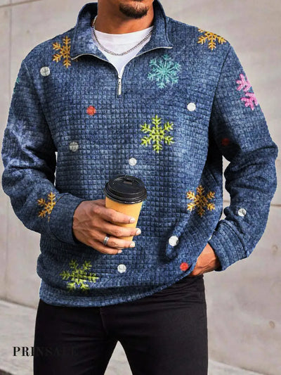 Men’s Fashion Abstract Denim Christmas Snowflake Print Waffle Gra Chain Neckline Long Sleeve