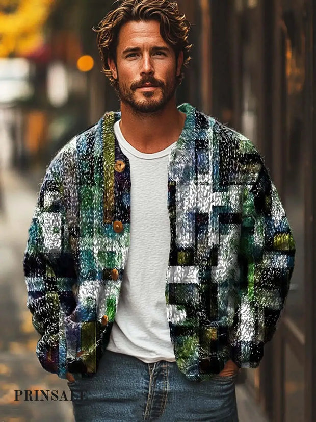 Men’s Fashion Abstract Geometric Art Print Long Sleeve Sweater Cardigan Flower Color / S