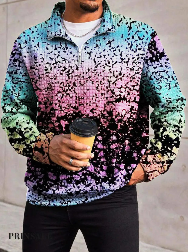 Men’s Fashion Abstract Gradient Color Block Printed Waffle Lattice Zipper Front Collar Hoodie