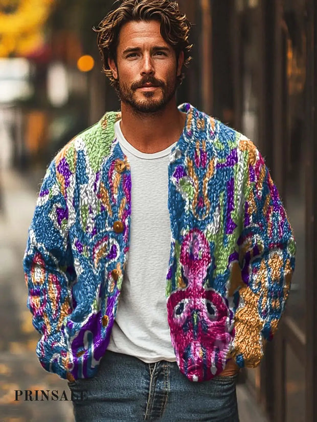 Men’s Fashion Abstract Graffiti Art Print Sweater Cardigan Flower Color / S