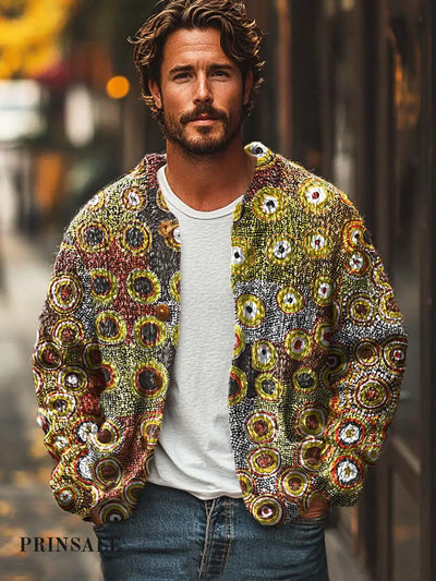 Men’s Fashion Abstract Irregular Geometric Art Print Sweater Cardigan Flower Color / S