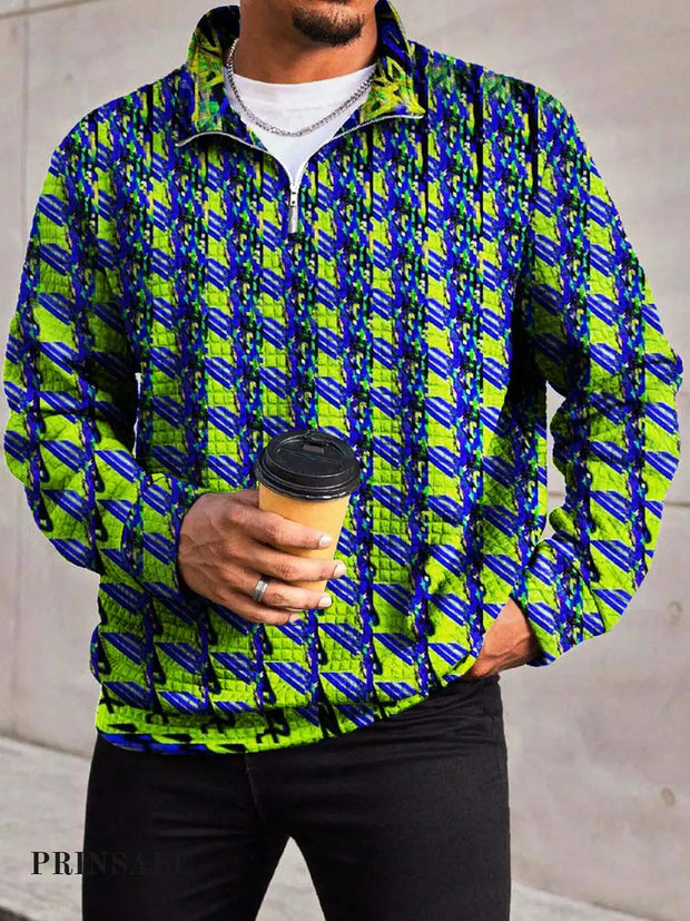 Men’s Fashion Abstract Irregular Geometric Print Waffle Gra Chain Neckline Long Sleeve Sweatshirt