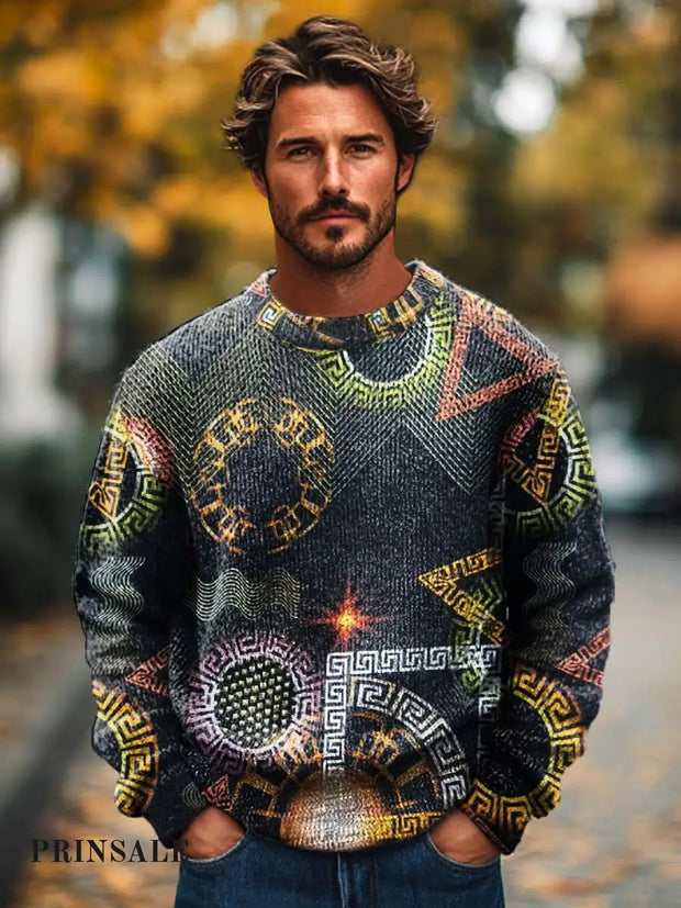 Men’s Fashion Abstract Irregularly Patterned Art Print Long Sleeve Knitted Crew Neck Sweater