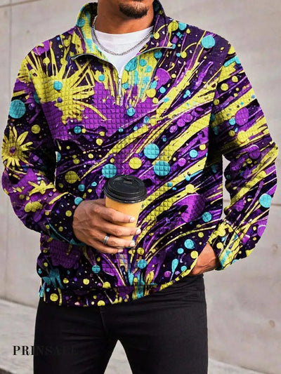 Men’s Fashion Abstract Paint Spray Print Waffle Lattice Zipper Front Collar Hoodie Flower Color / S