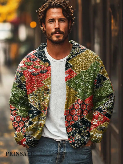 Men’s Fashion Abstract Plant Floral Print Long Sleeve Sweater Cardigan Flower Color / S