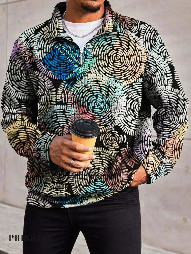 Men’s Fashion Abstract Round Swirl Print Waffle Gra Chain Neckline Long Sleeve Sweatshirt Flower