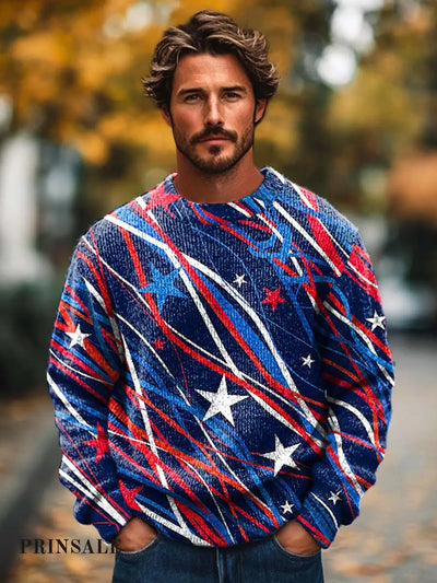 Men’s Fashion Abstract Star Streamer Printed Crewneck Sweater Flower Color / S