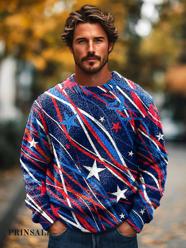 Men’s Fashion Abstract Star Streamer Printed Crewneck Sweater Flower Color / S