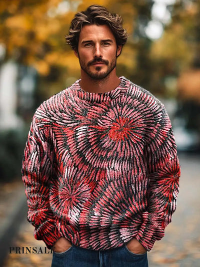 Men’s Fashion Abstract Stripe Round Art Print Crew Neck Sweater Flower Color / S