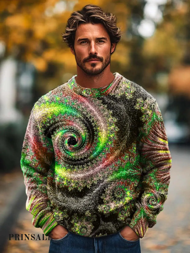 Men’s Fashion Abstract Swirl Art Print Crewneck Base Sweater Flower Color / S