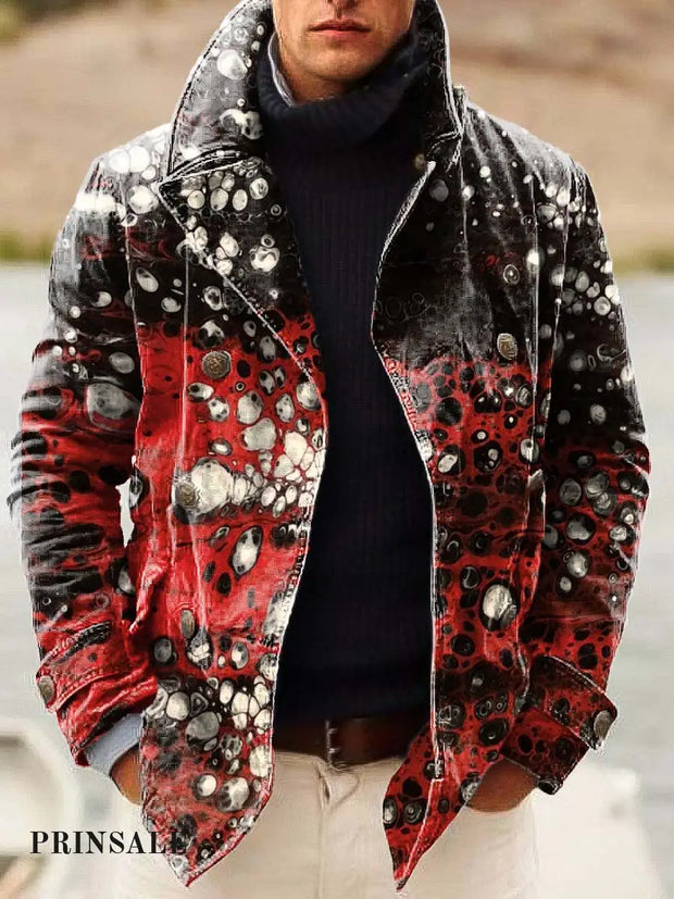 Men’s Fashion Abstract Texture Art Print Double-Breasted Jacket With Lapels Flower Color / S