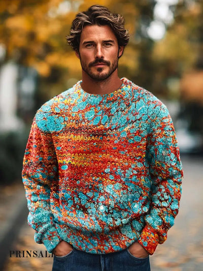 Men’s Fashion Abstract Texture Art Print Long Sleeve Knitted Crew Neck Sweater Flower Color / S