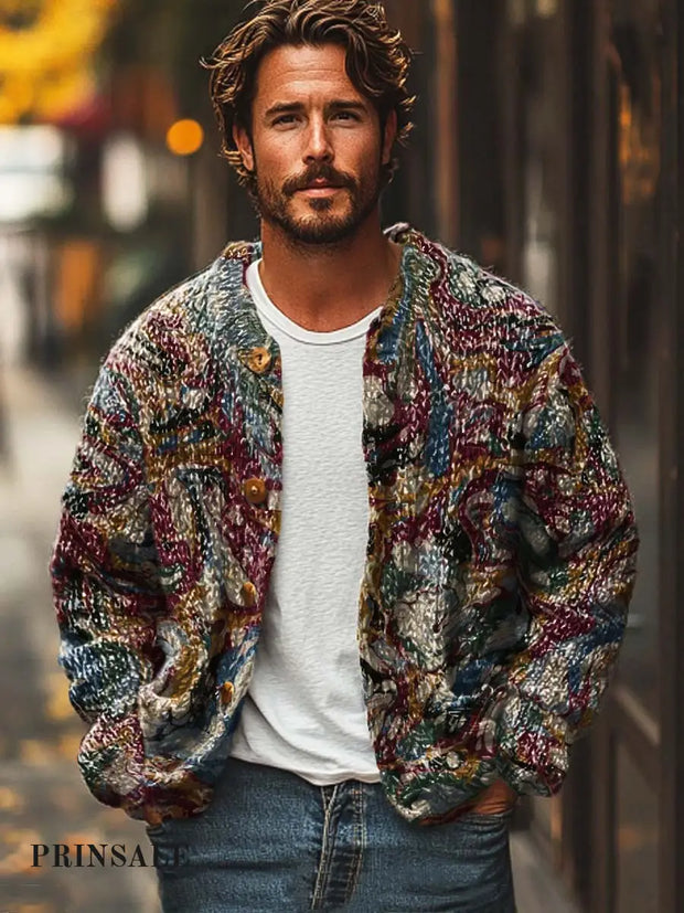 Men’s Fashion Abstract Texture Art Print Long Sleeve Sweater Cardigan Flower Color / S