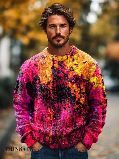 Men’s Fashion Abstract Texture Art Print Long Sleeved Crew Neck Sweater Flower Color / S