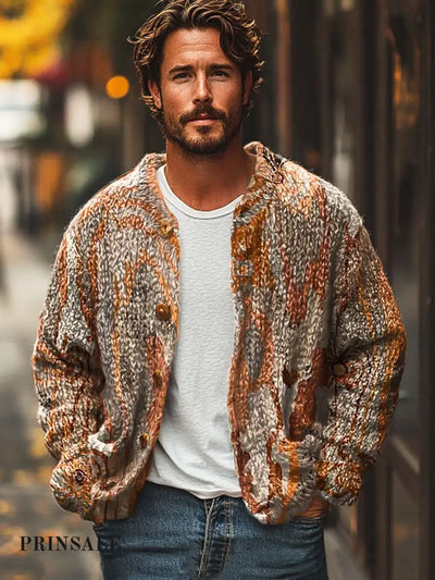 Men’s Fashion Abstract Texture Art Print Sweater Cardigan Flower Color / S