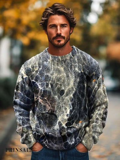 Men’s Fashion Abstract Texture Art Printed Knitted Long Sleeve Round Neck Sweater Flower Color / S