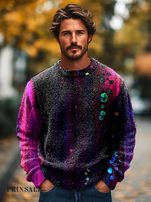 Men’s Fashion Abstract Texture Art Printed Knitted Long Sleeve Round Neck Sweater Flower Color / S