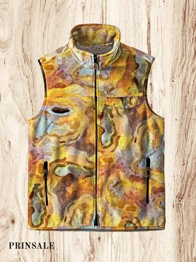 Men’s Fashion Abstract Texture Blended Art Print Flannel Vest Flower Color / S