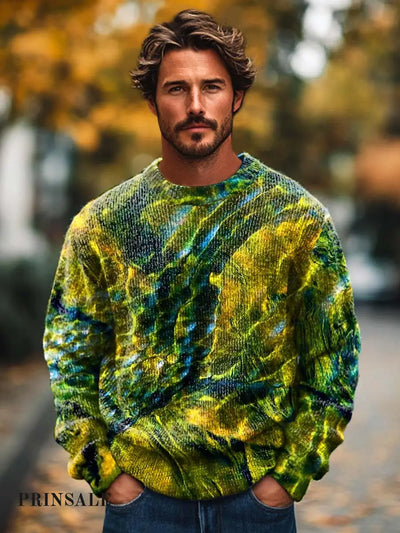 Men’s Fashion Abstract Texture Printed Knitted Long Sleeved Round Neck Sweater Flower Color / S