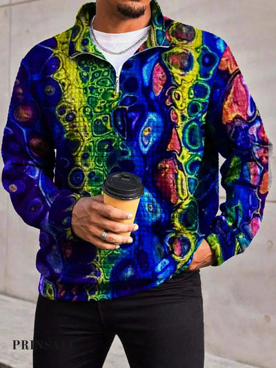 Men’s Fashion Abstract Texture Printed Waffle Check Zipper Front Collar Hoodie Flower Color / S