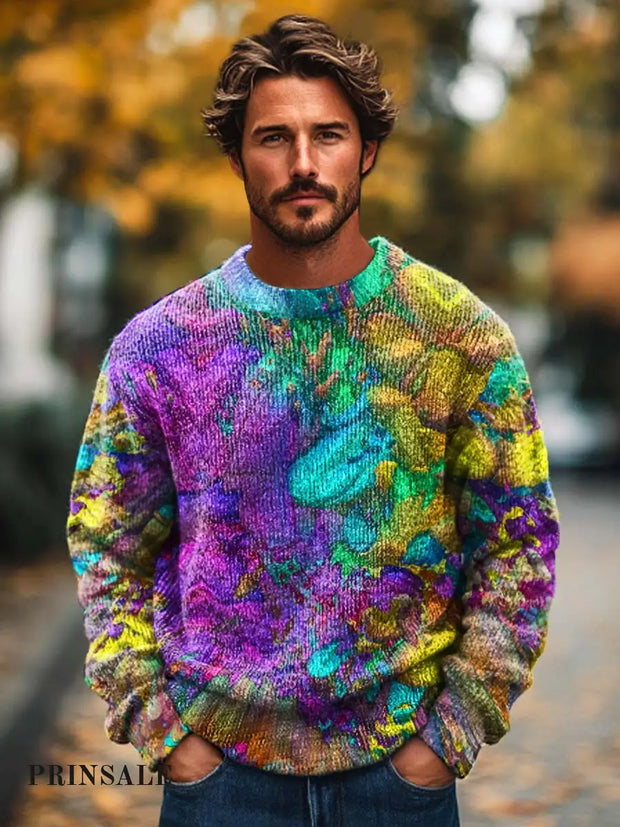 Men’s Fashion Advanced Abstract Texture Art Printed Knit Crew-Neck Sweater Flower Color / S