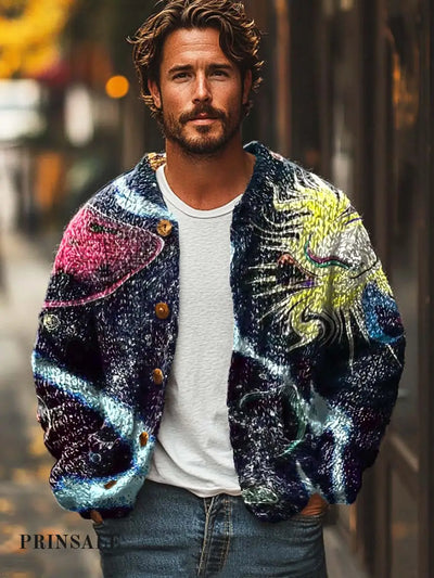 Men’s Fashion Art Graffiti Print Sweater Cardigan Flower Color / S