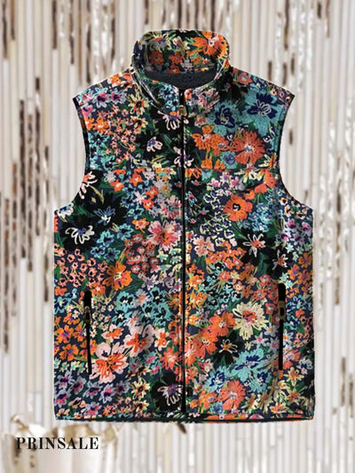 Men’s Fashion Botanical Floral Art Print Flannel Vest Flower Color / S