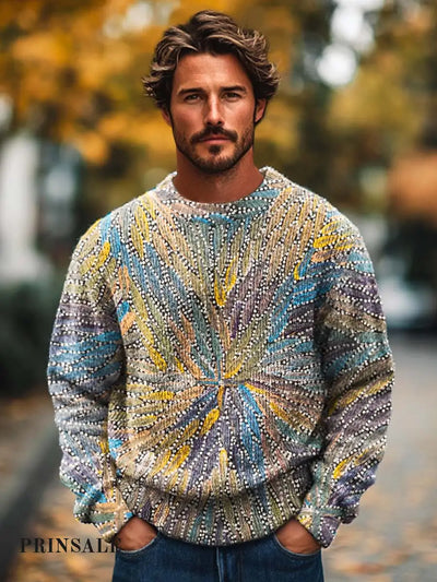 Men’s Fashion Botanical Floral Print Long Sleeve Knitted Crew Neck Sweater Flower Color / S