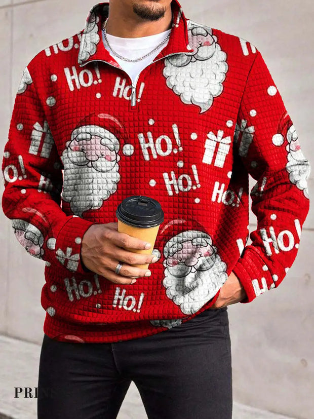 Men’s Fashion Cheerful Cute Santa Claus Trend Print Waffle Zipper Neckline Long Sleeve Sweatshirt