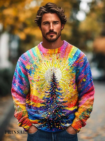 Men’s Fashion Cheerful Festive Colorful Christmas Tree Print Knitted Crew-Neck Sweater Flower