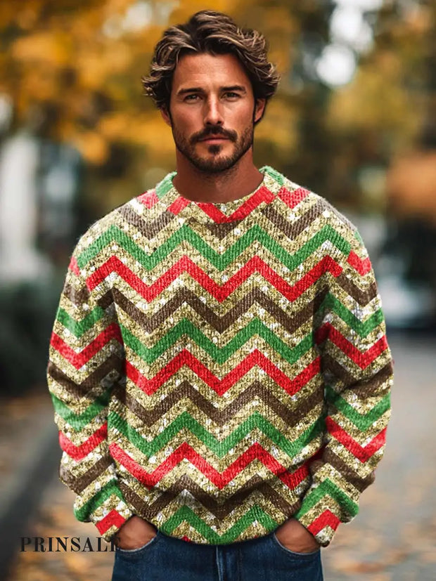 Men’s Fashion Christmas Abstract Geometric Stripe Printed Knitted Long Sleeve Round Neck Sweater