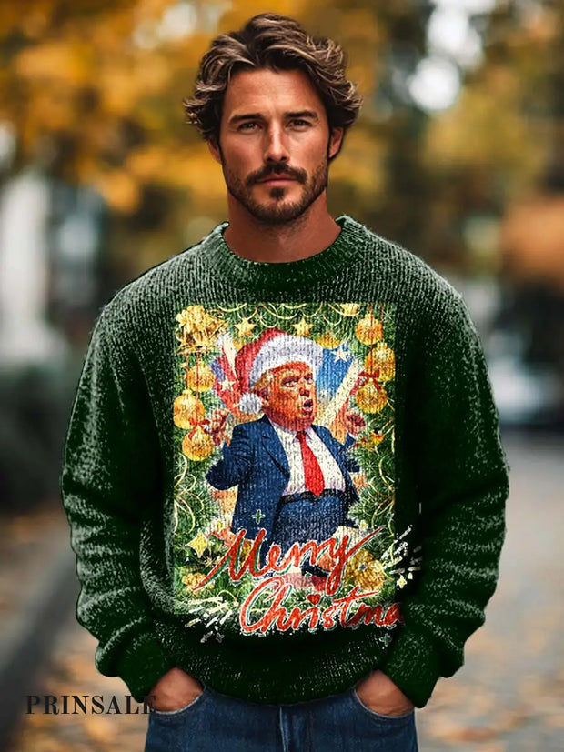 Men’s Fashion Christmas Cartoon Trump Print Crew Neck Sweater Green / S